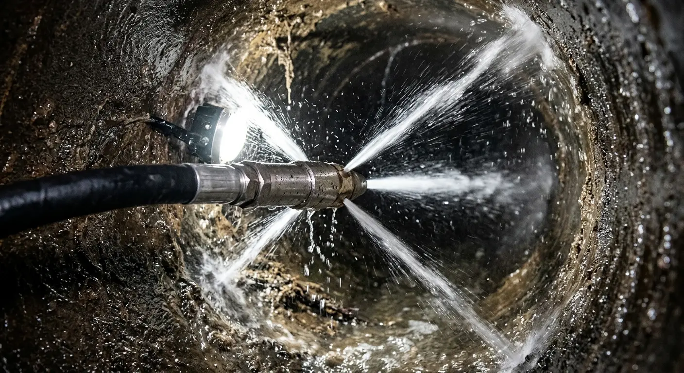 High-pressure hydro jetting nozzle cleaning sewer pipe for Sewer Line Relining in Summit View