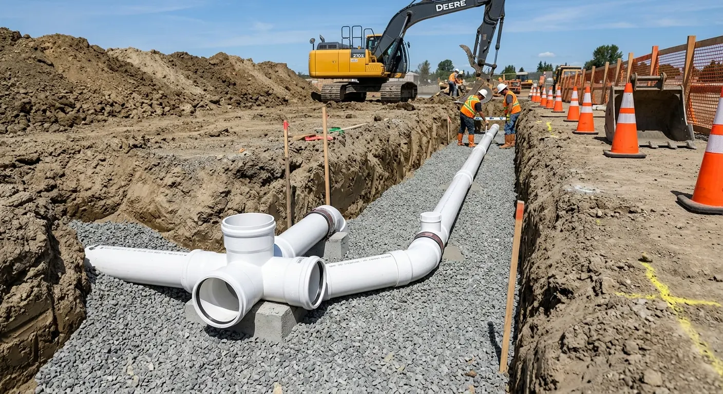 New PVC sewer pipe installation in open trench for Commercial Drain Cleaning in Summit View