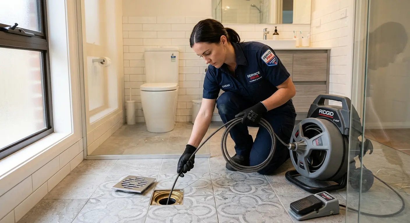 Technician clearing a bathroom floor drain for Drain Repair in Summit View
